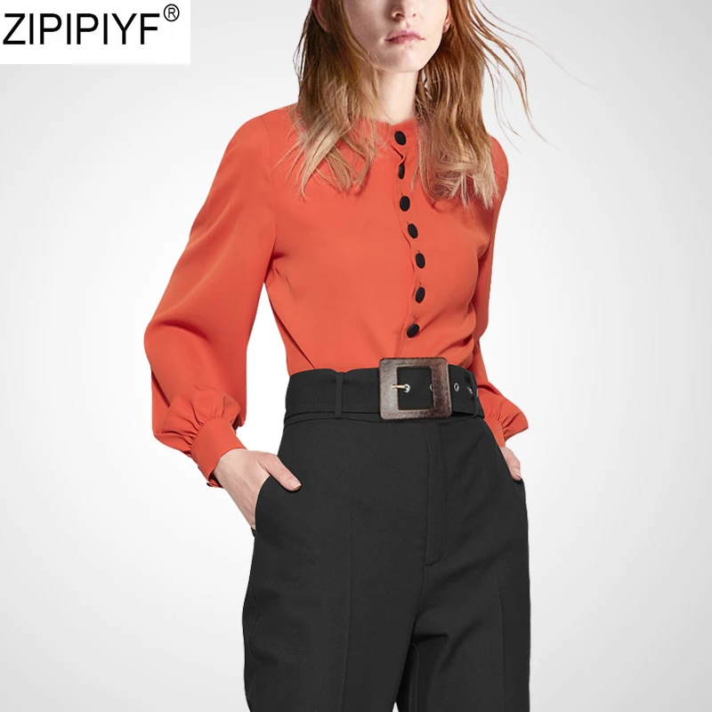 

2020 Summer Blouse Elegant Women Fashion Casual Solid Stand Collar Lantern Long Sleeve Office Streetwear Button Tops Shirt