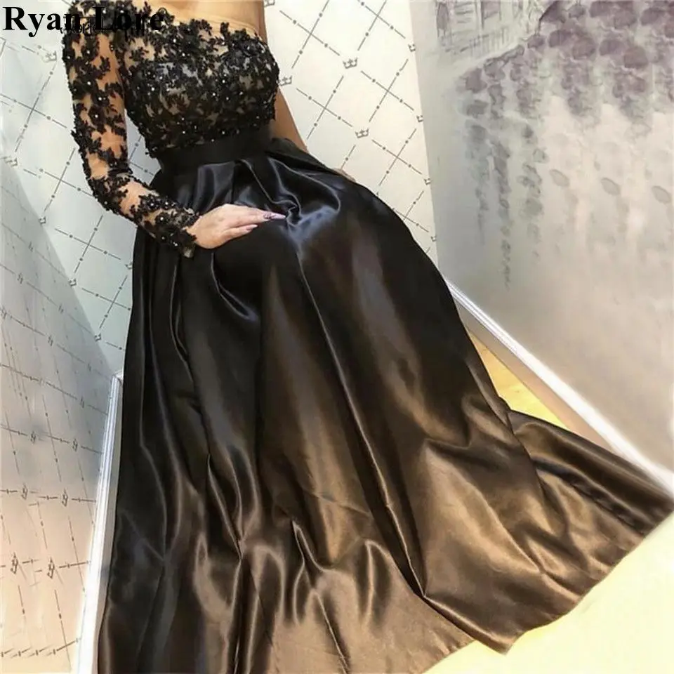 

Black Formal Evening Dresses Women Appliques Lace Crystal Prom Gowns Elegant One-Shoulder robe de soire Long vestidos de festa
