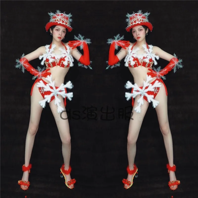 

Christmas Day Costumes For Female Singer Stage Sexy Snowflake Decoration Bikini Nightclub Women Pole/Jazz Dance Clothes DWY5006