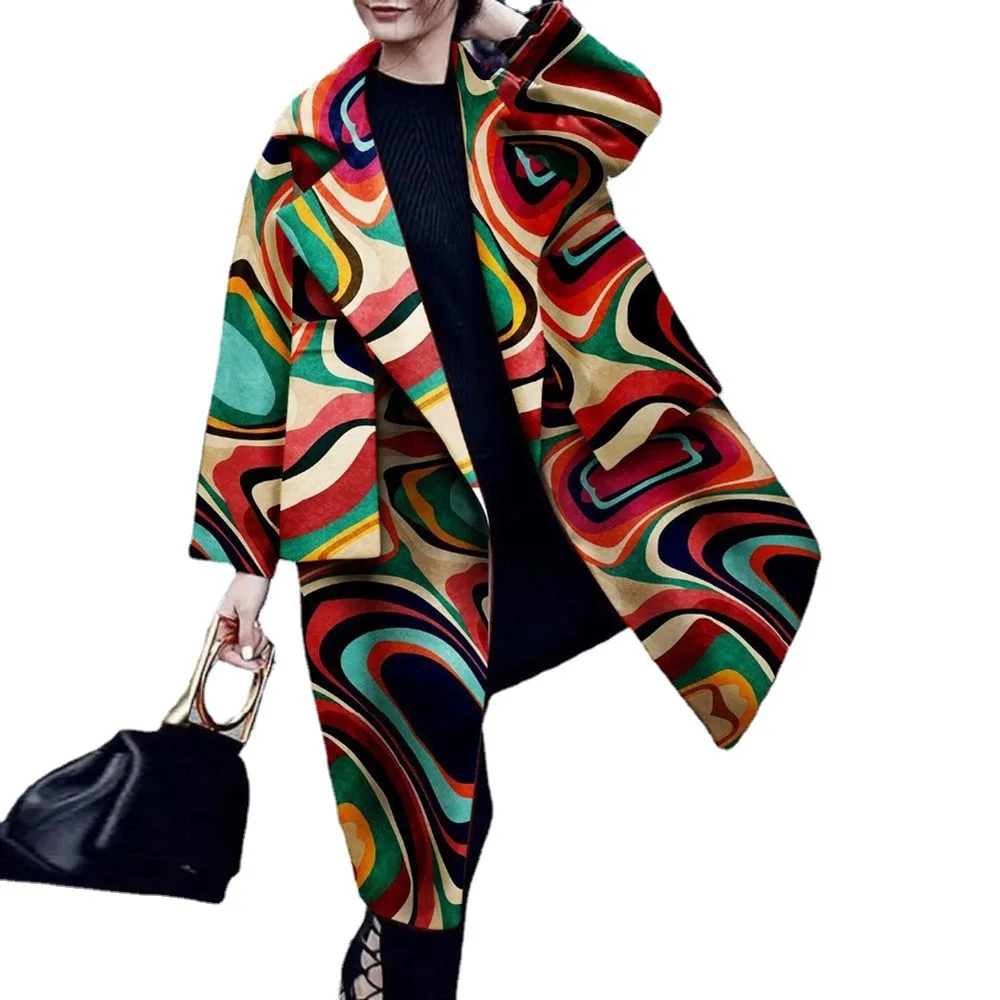 

2021 Autumn Winter Europe America Women's Clothing Casual Long Trench Coat Printing Lapel Long Sleeve Keep Warm Fashion