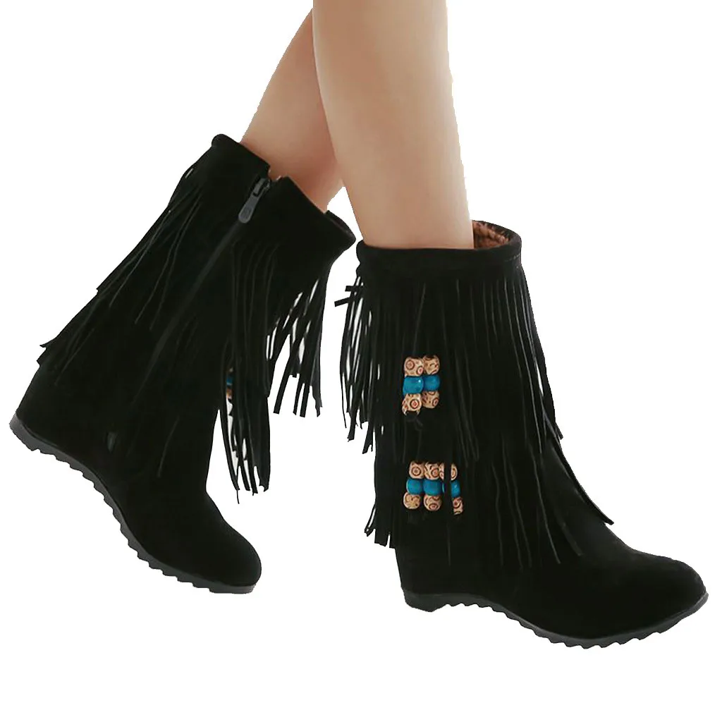 Женские замшевые сапоги с бахромой зимние вышивкой модные женские теплые на
