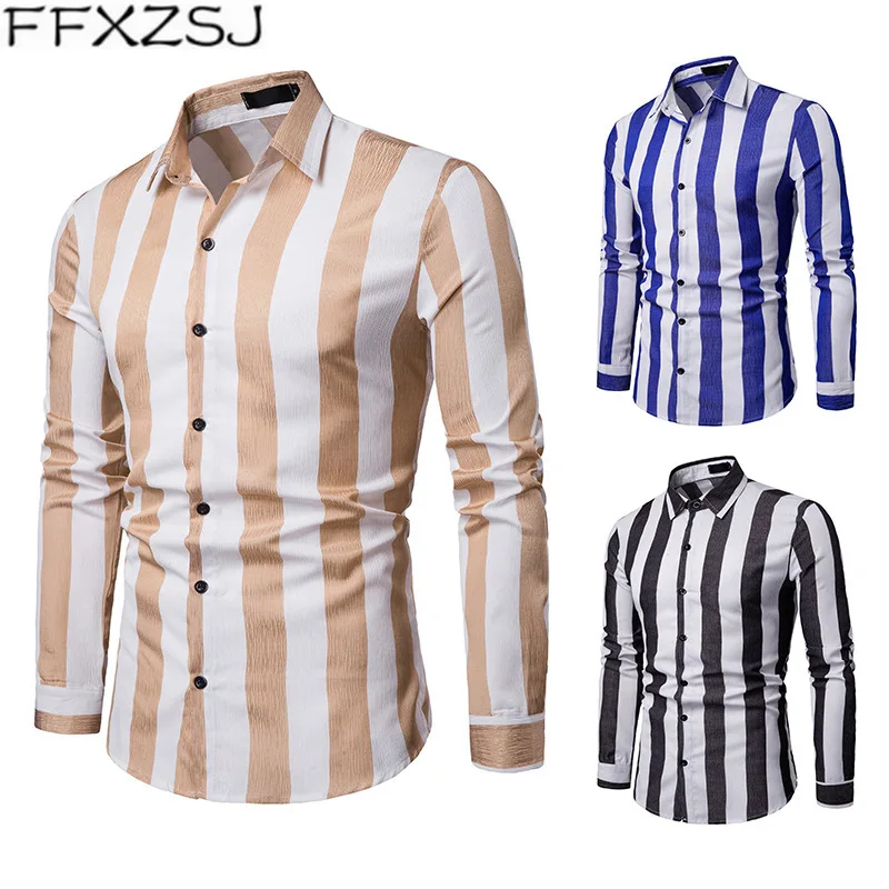 

FFXZSJ 2019 брендовая Европейская мужская деловая весенне-осенняя полосатая Повседневная однобортная рубашка с отложным воротником и длинными ...
