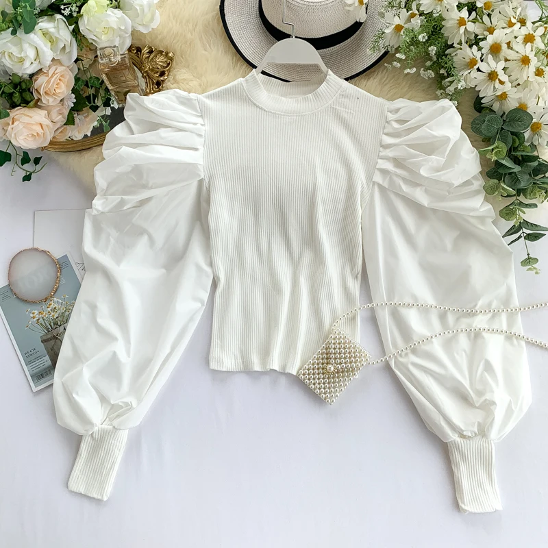 2019 Осенняя модная женская элегантная эластичная однотонная блузка с пышными