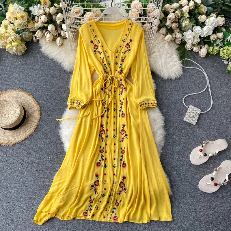 

Jastie Holiday Style Spring Autumn Dresses 2021 New Retro Ethnic Embroidery Dress Lace-up Waist Boho Dress Women Vestidos