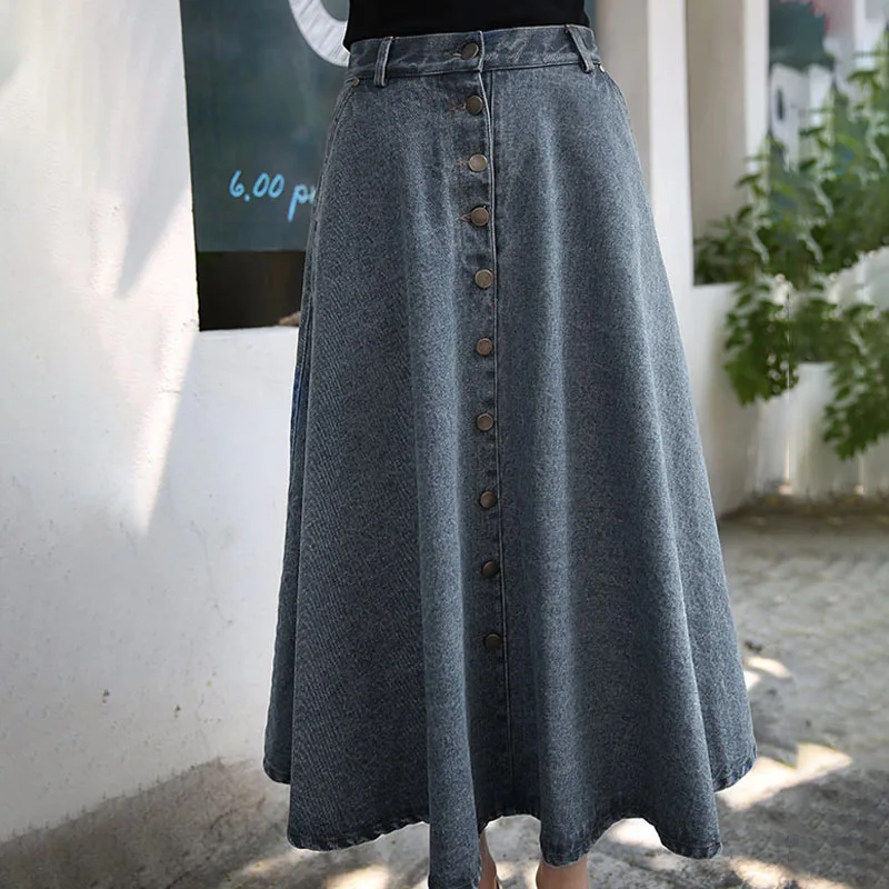 Light blue Джинсовые женские длинные джинсовые юбки с высокой талией, Харадзюку, трапециевидная Женская юбка в винтажном стиле, весна-осень, длина по щиколотку, однобортный низ - Цвет: Light blue