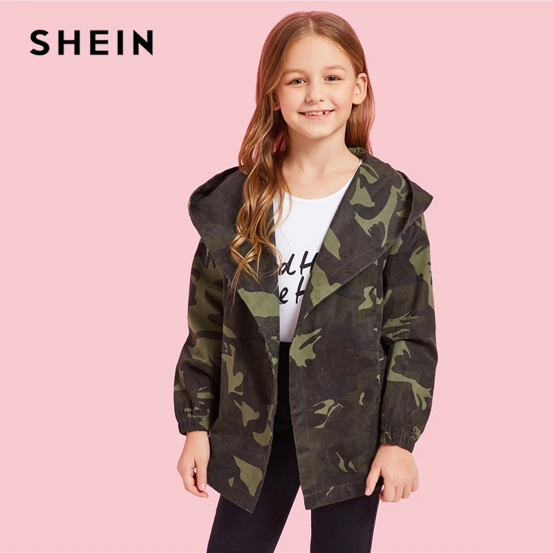 SHEIN/Детская камуфляжная куртка с капюшоном и поясом для девочек; пальто; детская одежда; коллекция года; Осенняя Повседневная куртка с длинными рукавами для подростков