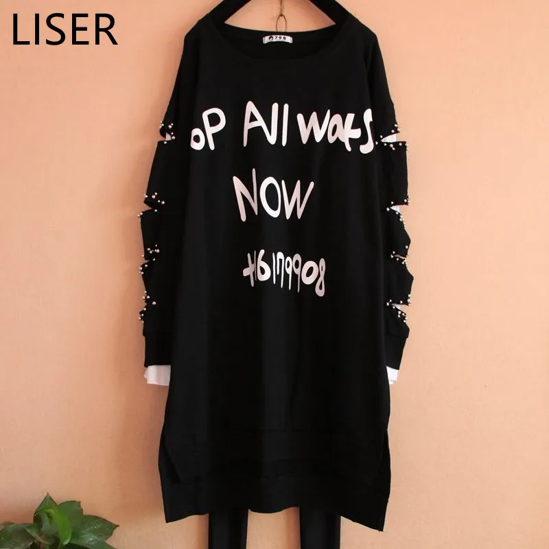 

Женское свободное платье с вышивкой бисером, черное или красное платье-пуловер большого размера с круглым вырезом и надписью, LL19, весна-осен...