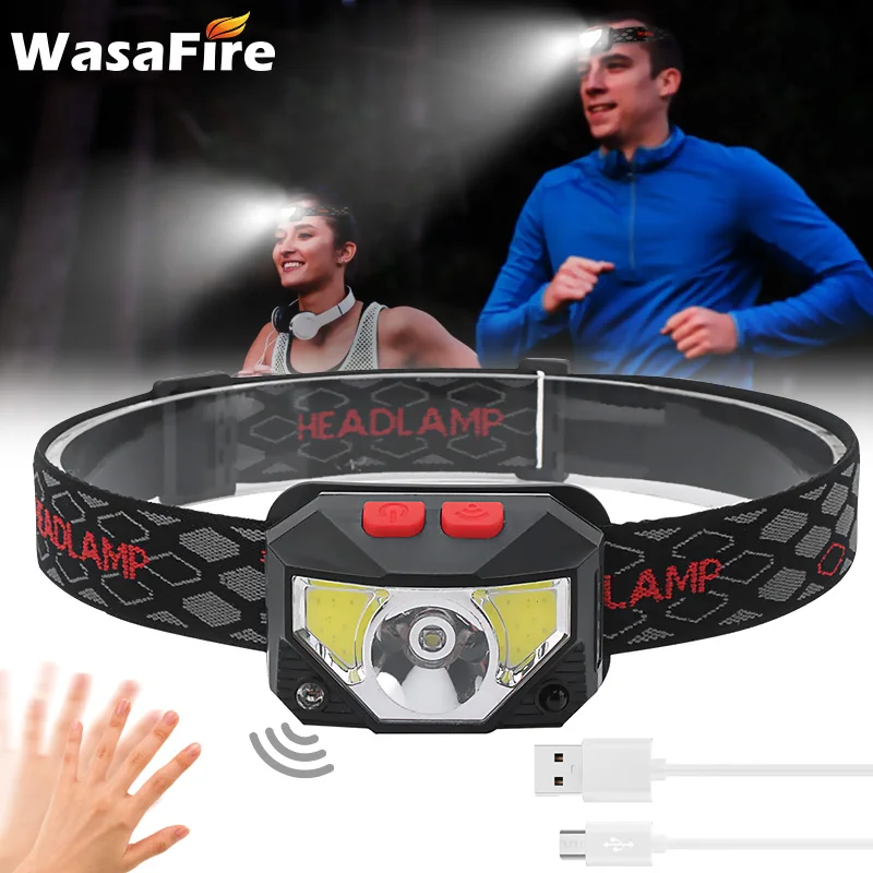 

LED Headlamp Torch Motion Sensor Head Lamp USB Rechargeable Built-in Battery Hands Free Headlight Flashlight