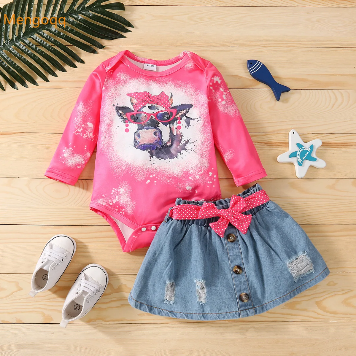 

newborn baby girls autumn full sleeve tie-dyed print top bodysuits denim belt skirts buttons infant kids clothes set 2pcs 0-18M