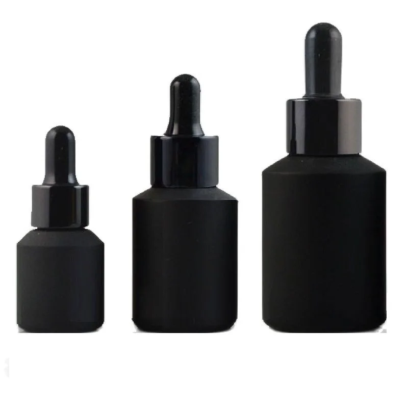 Matte Black Frost Glass Bottle Rubber Pipette Essence Essential Oil Dropper Vial 15ml 30ml 60ml Man Cosmetic Packaging Container