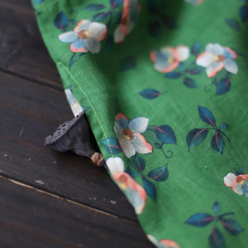 

OriGoods Flower Print Summer Dress Women Green Floral Long Dress Linen O-neck Casual Dress For Women Elegant Autumn Robe A549