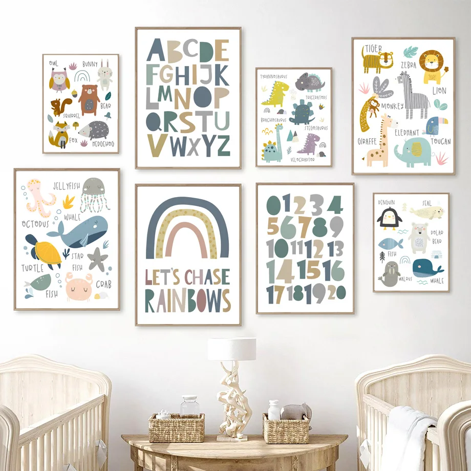 

Boho Rainbow ABC Dinosaur Animals Marine Life Wall Art Canvas Painting Nordic Posters And Prints Decor Pictures Baby Kids Room