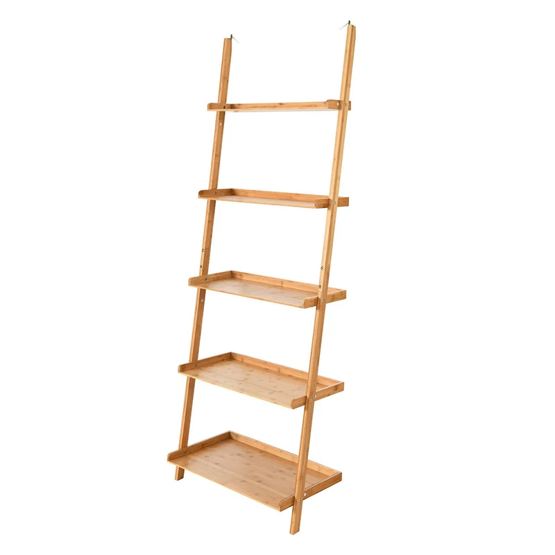 

5-Tier Ladder Open Shelf Durable Bamboo Bookshelf Wall Leaning Premium Bamboo Materia Minimalism Storage Display Plant Stand