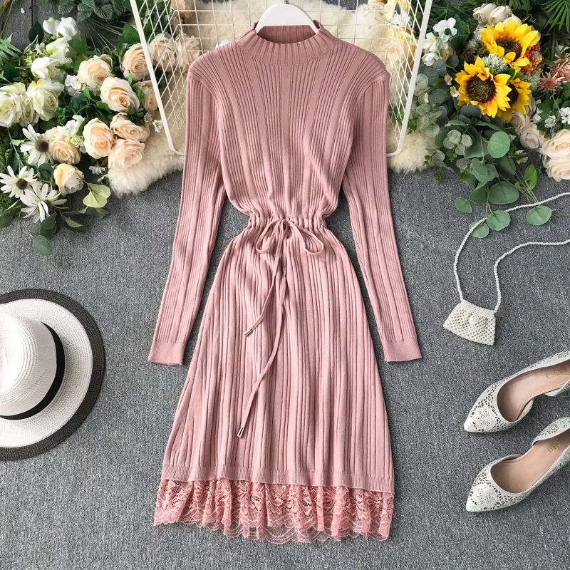 JoinYouth кружевные лоскутные вечерние платье Винтаж однотонный корейский вязаный