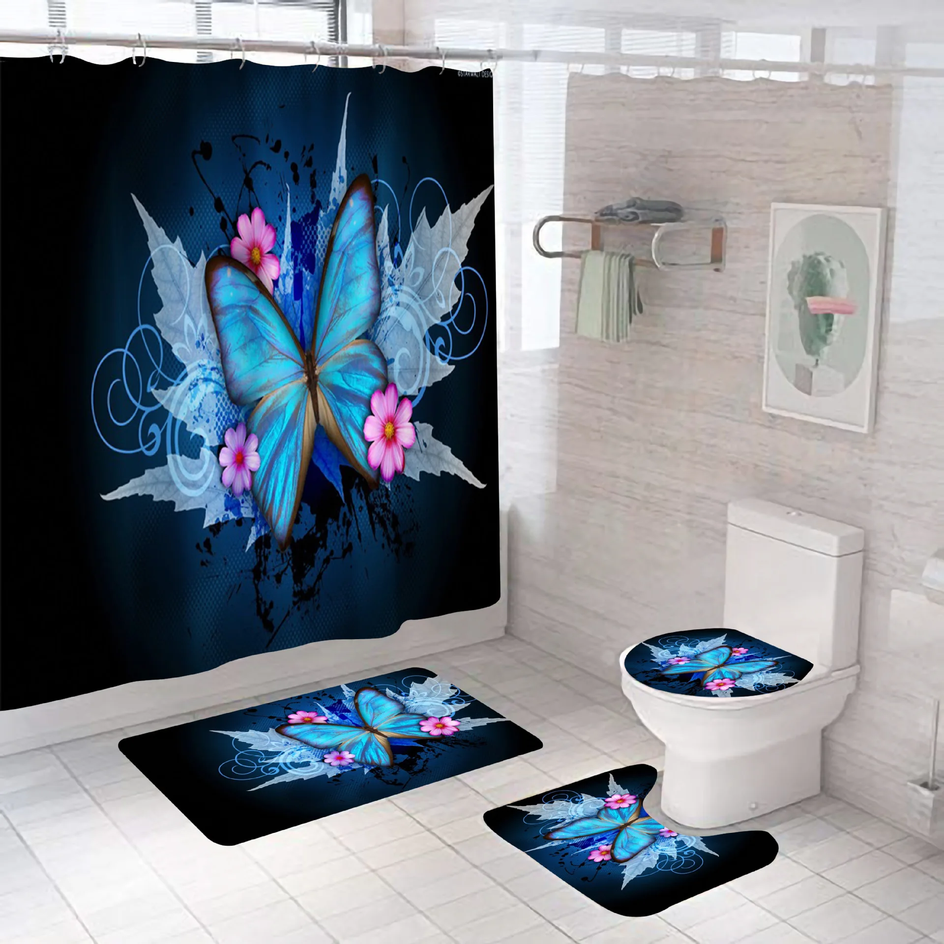 

New Butterfly Series Printing Waterproof Polyester Shower Curtain,Toilet Cover,U-shaped Mat,Floor Mat Bathroom Accessory