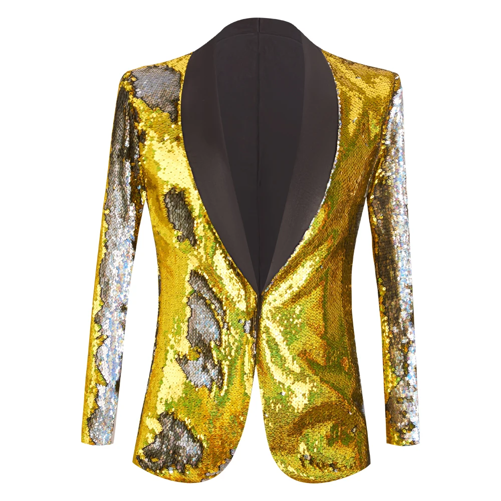 

Gold Sequin One Button Shawl Collar Suit Jacket Men Bling Glitter Nightclub Prom DJ Blazer Jacket Men Singer Costume