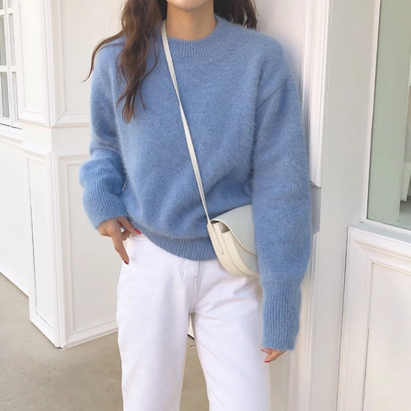 

Sweater Women 2021 Spring Soft Warm Pullovers Korean Top Winter Clothes Solid Casual Green Pink Blue Japanese Fashion