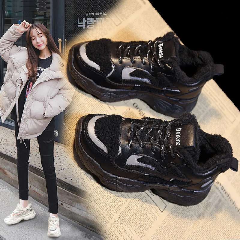 Женские кроссовки из хлопка и плюша черные зимние кашемировые туфли для бега