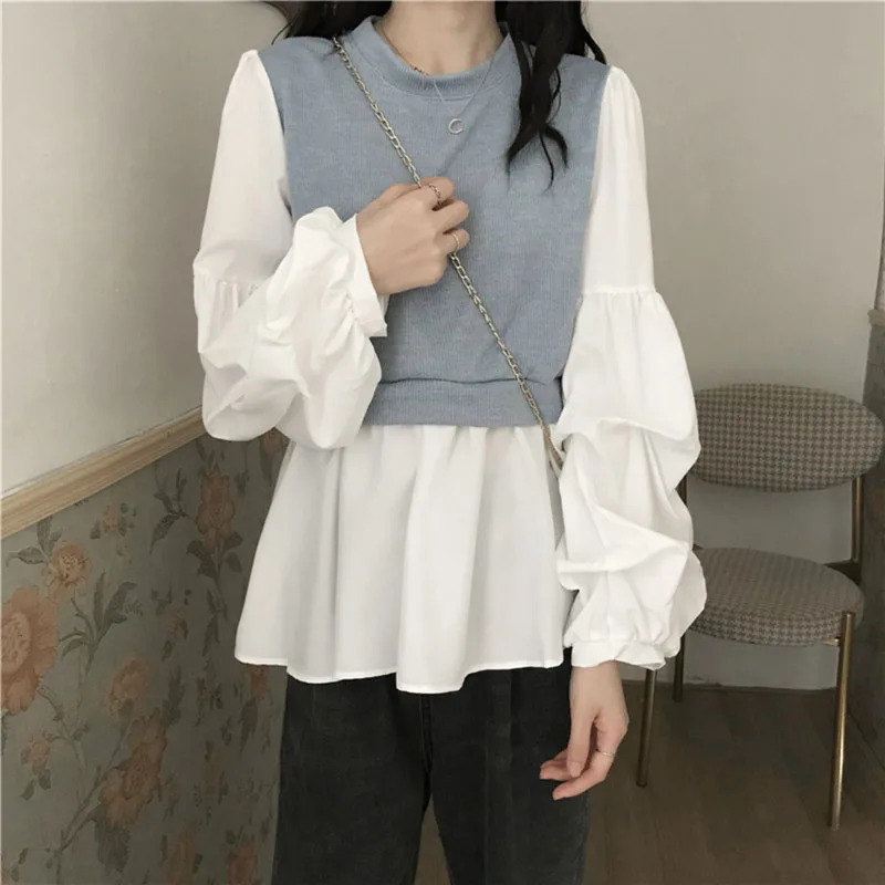 

2021 Spring Autumn New Blouse Female Temperament Sweet Fake Two-piece Vest Blusa Puff Sleeve Shirt C638