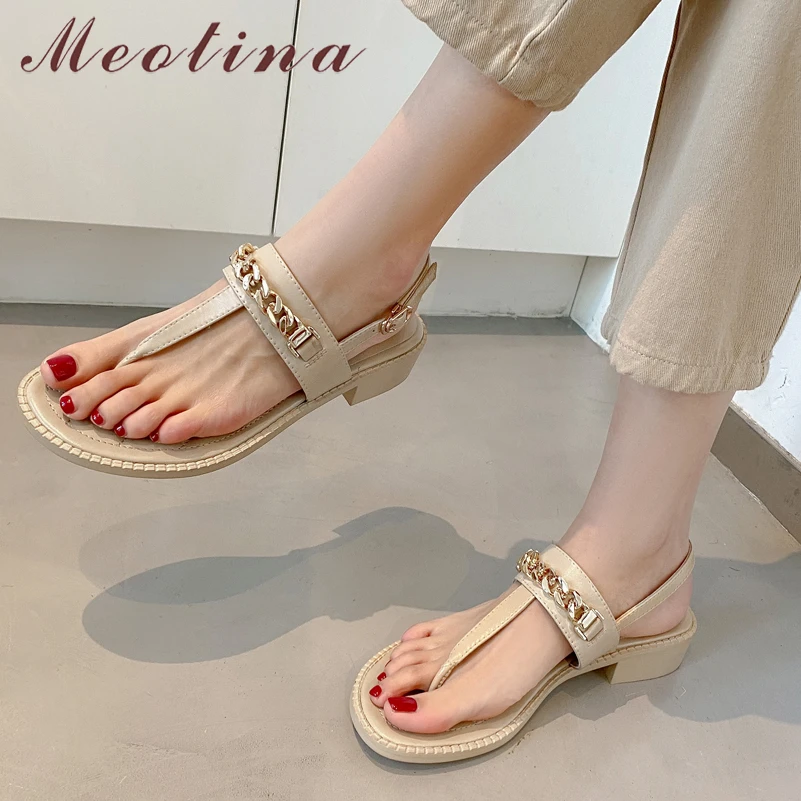 

Meotina Shoes Women Genuine Leather Sandals Flip Flop Med Heel Sandals Chain Square Toe Shoes Thick Heel Ladies Footwear Summer