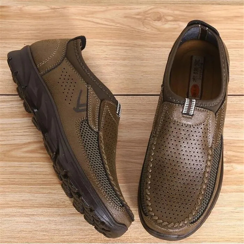 men's casual shoes slip on hollow leather loafers
