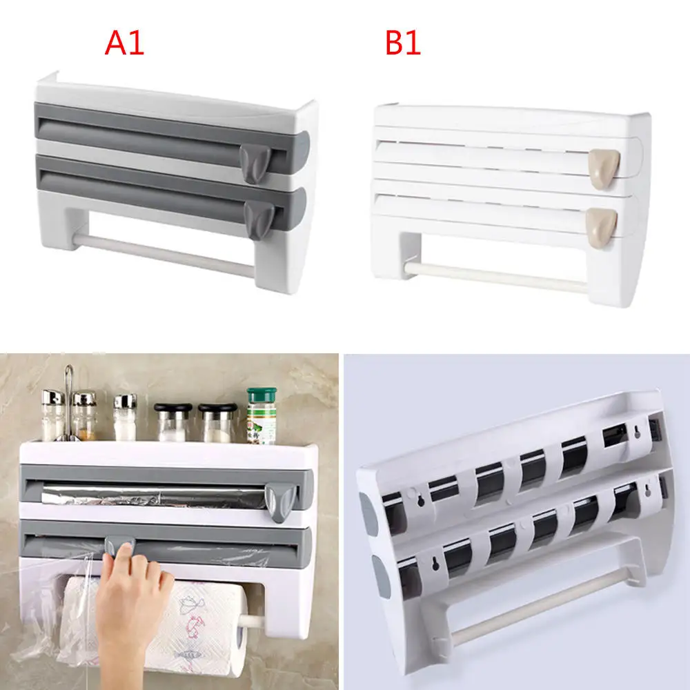 

Kitchen Multi-Function Roll Dispenser Cling Film Tin Foil Cutter Storage Holder Free Punched Towel Paper Rack