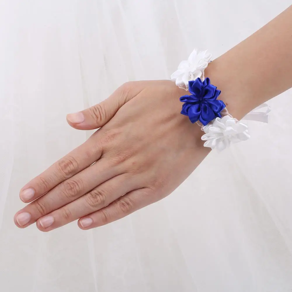 

Cute Blue White Wrist Corsage Bracelet Flower Hand Bridesmaid Silk Rose Bracelet Flowers On The Wrist Wedding Accessories SW0678