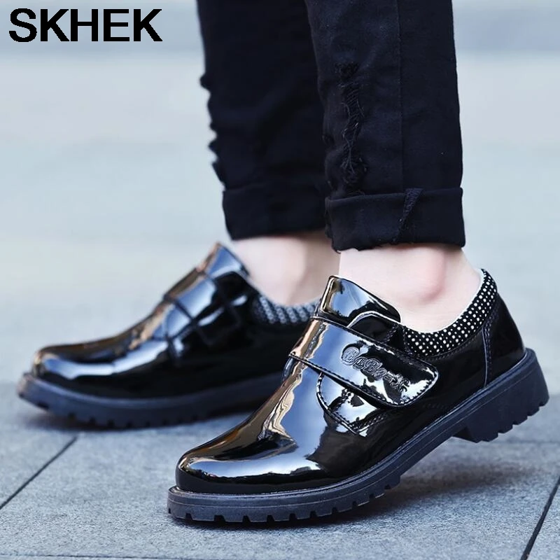Черные осенние детские туфли SKHEK кожаные для мальчиков с резиновым узором