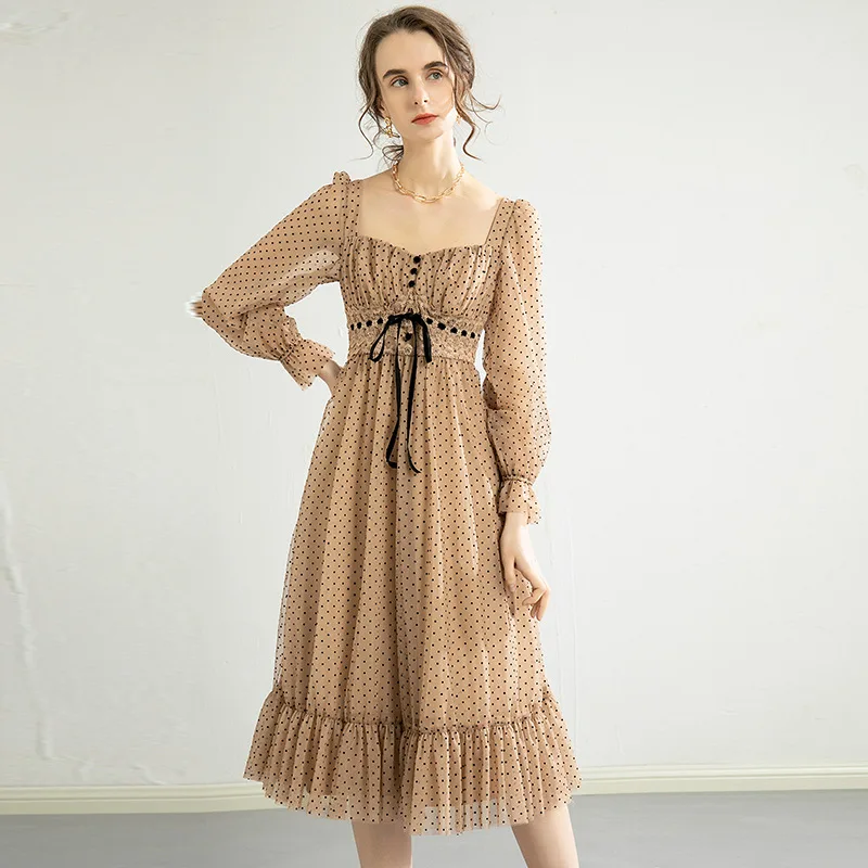 Женское винтажное платье в горошек розовое Сетчатое средней длины с квадратным