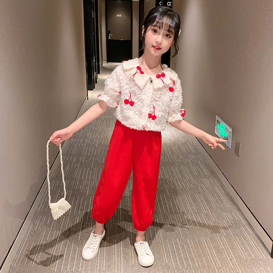 Детская летняя одежда с рисунком вишни для девочек блузка + штаны комплекты