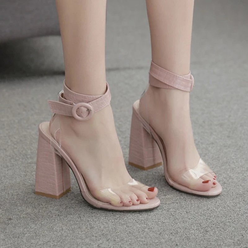 Celebrity pink stone pattern clear sandals women round buckle strap open toe flipflops carve thick super high heels sandalen2020 | Обувь
