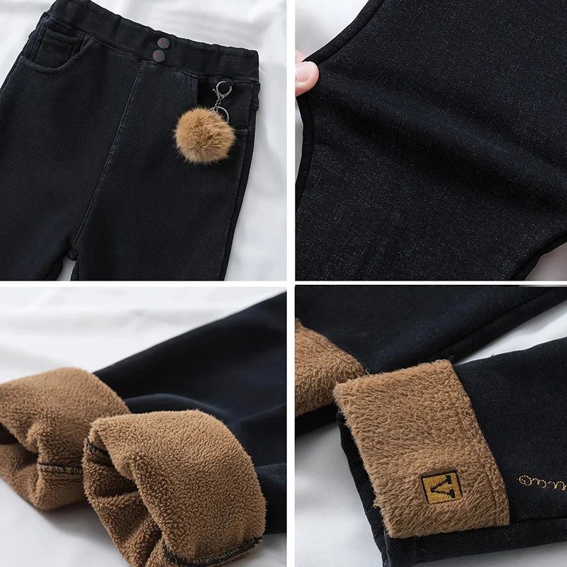 

Letter Embroidery Winter Jeans Streetwear Add Velvet Elastic High Waist Denim Pants Women Retro Lamb Stretch Trousers Plus Size