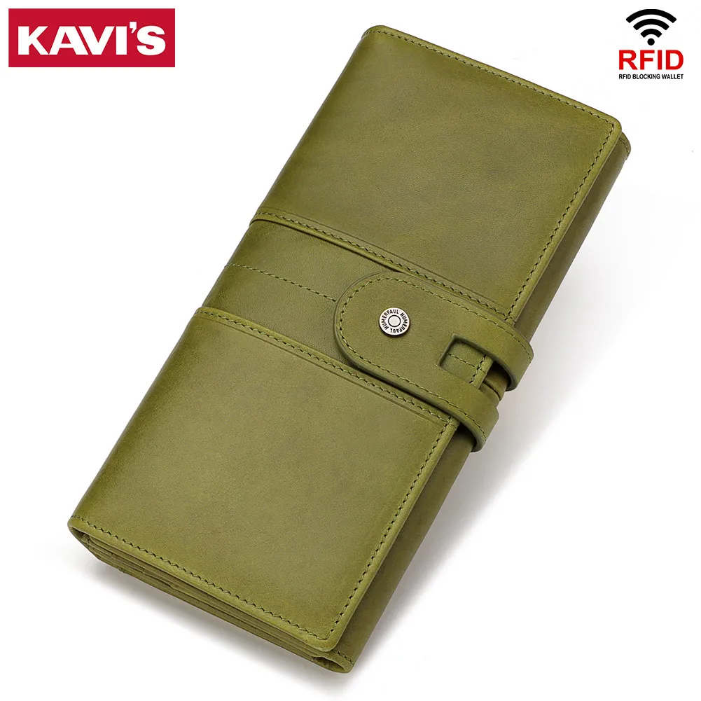 

KAVIS 2020 Rfid Genuine Leather Women Wallet Lady Female Long Clutch Portomonee Coin Purse Walet Handy Money Bag for Cell Phone