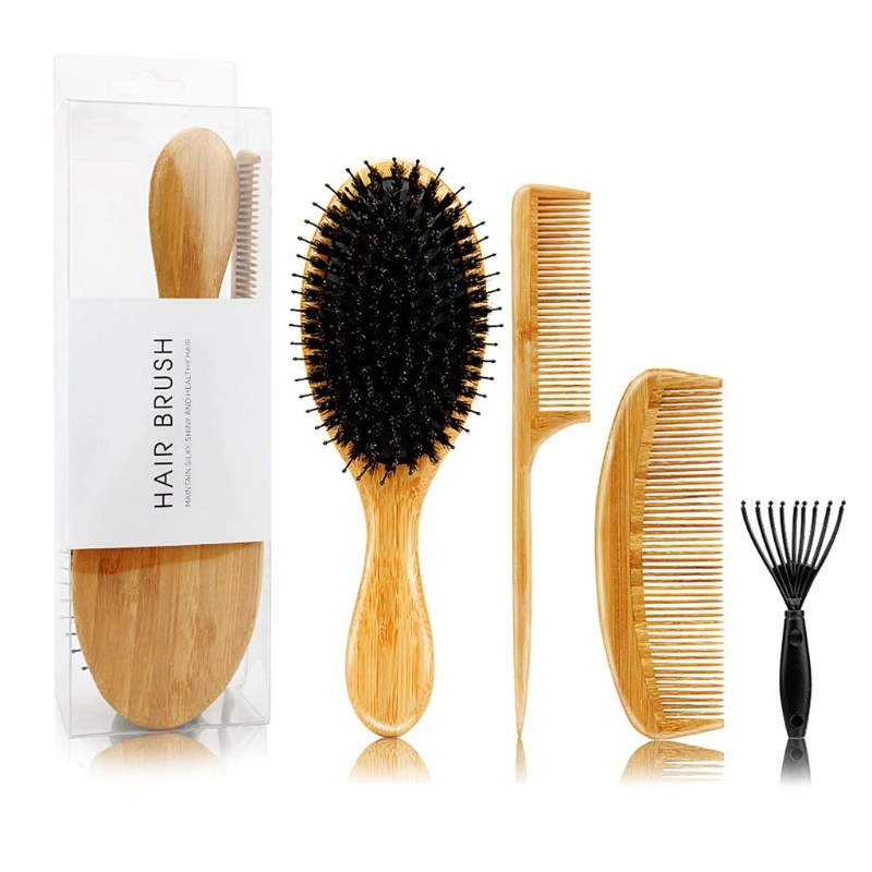 

4Pcs/Set BambooHandle Boar Bristles Anti Static Hair Brush Massage Scalp Comb Straightening Care Tools for Men Women M15