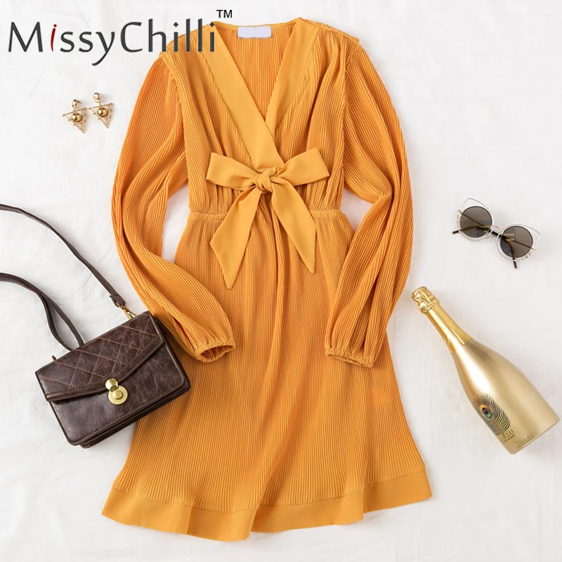 Платье MissyChilli женское желтое с рукавами фонариками треугольным вырезом на