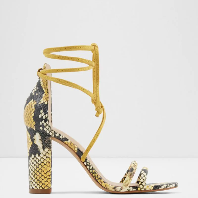 Harga Kuning Ular Cetakan Tinggi Chunky Heels Wanita Sandal Terbuka Toe Renda Ukuran Besar 14 15 Wanita Musim Panas Fashion Seksi Sepatu Shofoo