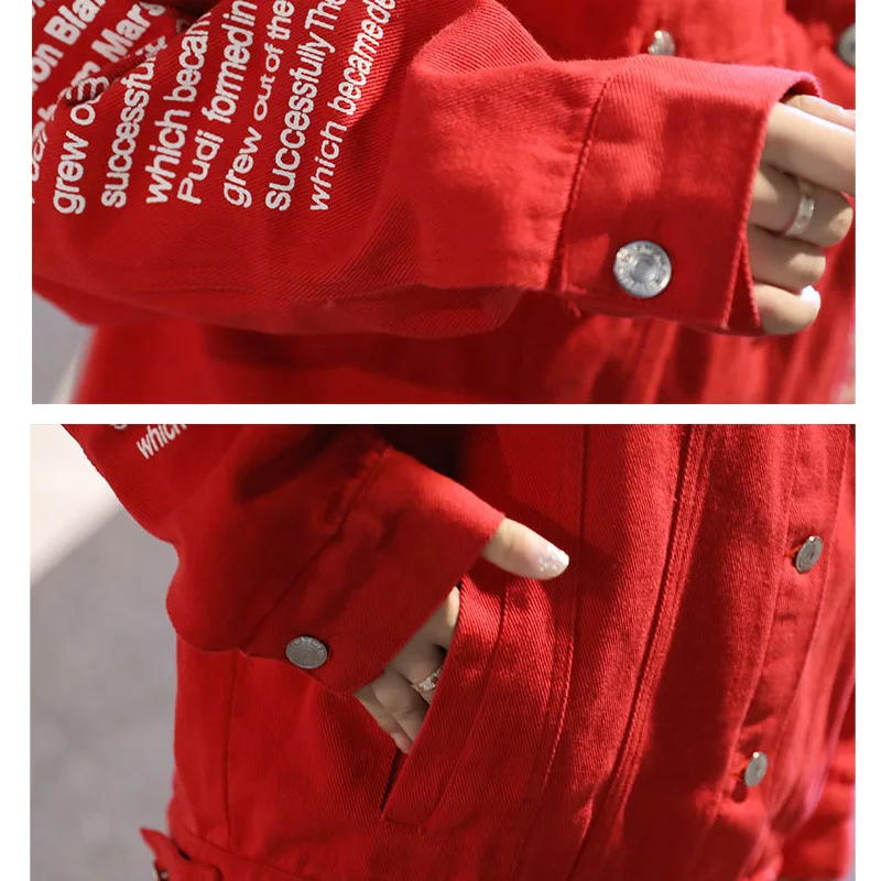 

Women Coat New Autumn Red Fashion Korean Style Pocket Letter Print Casual Loose Denim Jackets Female Mujer Bomber Jacket