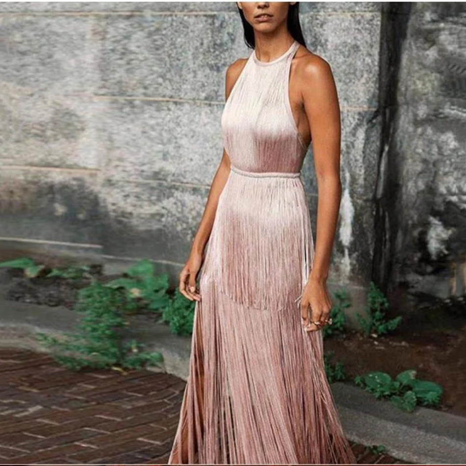 

Ailigou 2021 New Bandage Dress Sexy Fringed Women'S Sleeveless Halter Celebrity Party Dress
