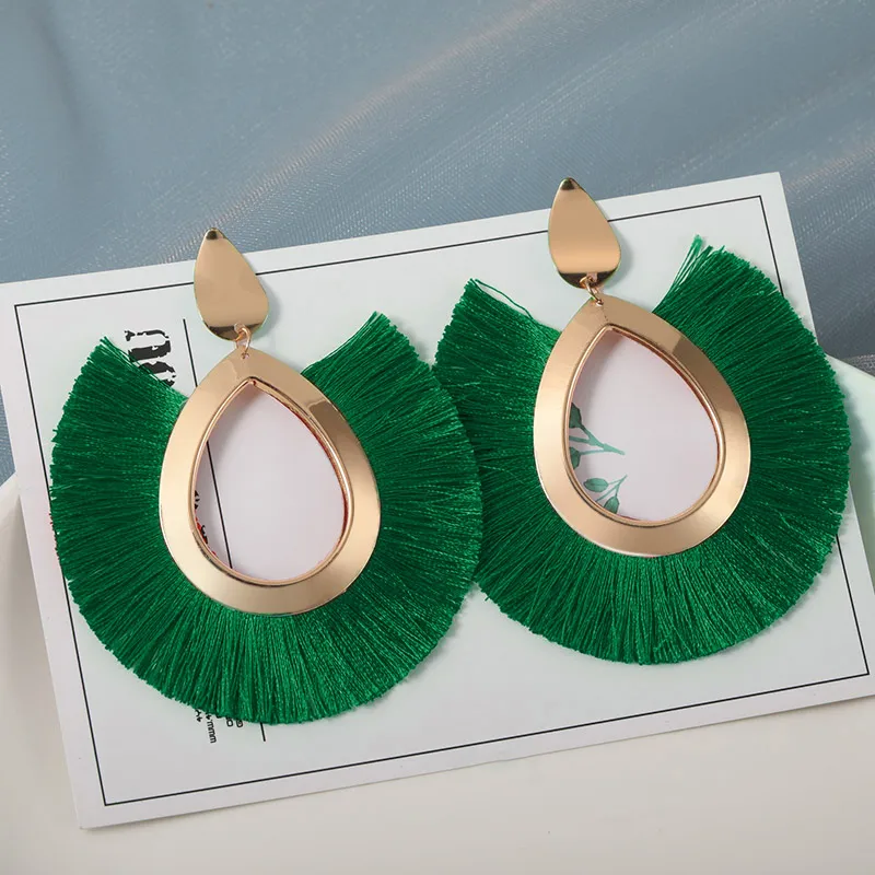 Green Новые модные богемные серьги с кисточками для женщин из хлопка и шелка, длинные висячие серьги с бахромой, вечерние женские ювелирные изделия - Окраска металла: Green