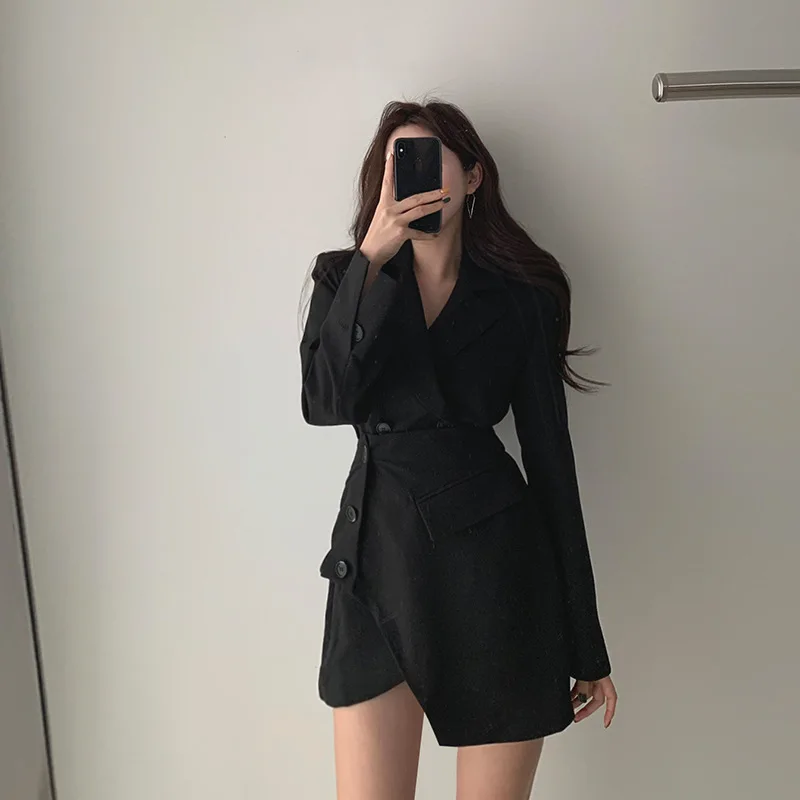 

Women Two Pieces Temperament Side Button Dress New Lapel Neck Long Sleeve Loose Fit Fashion Spring Summer 2020 C392