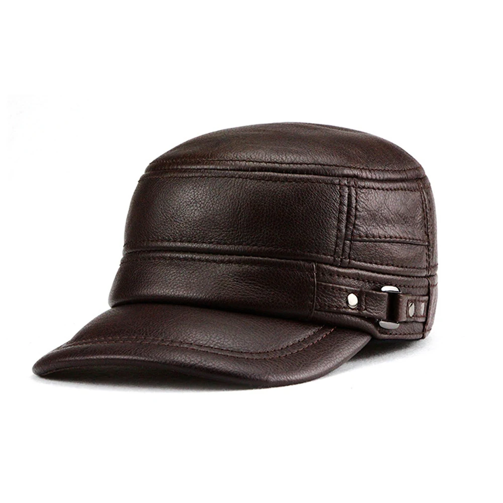 

2021 Hot Sale Men's Flat Cap Fashion Warm Ear Protectors Genuine Leather Hat Adjustable Size Brands Cowhide Military Hats Winter