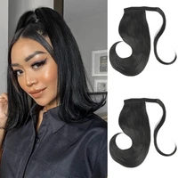 synthetic bounce wrap around ponytai 18inch straight hairpiece with clip in hair drawstring ponytail hair extension black