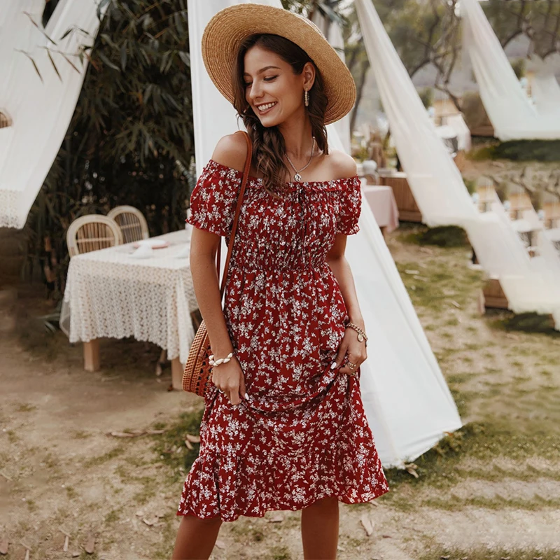 

Women Dress Summer 2021 Bohemia Dress Ladies Slash neck Puff Sleeve High Waist Printing Dresses Vestidos