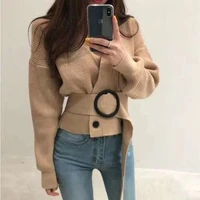 autumn winter women knitted sweater cardigans chic double breasted cardigans v neck belted knitwear short top sweater outerwear