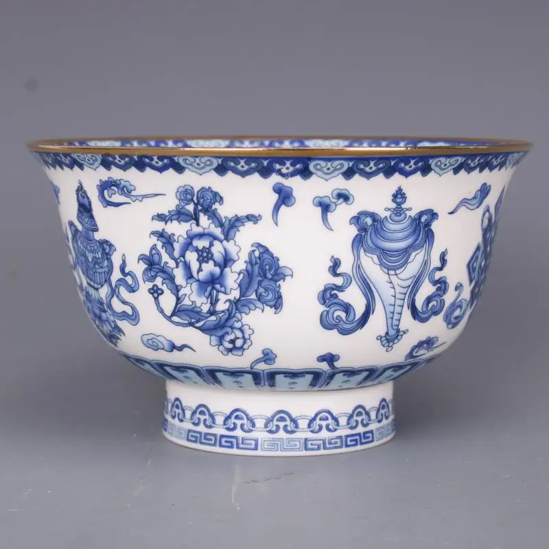 

Qing Dynasty Qianlong blue and white bowl gold border eight treasures pattern bowl antique handicraft porcelain household goods