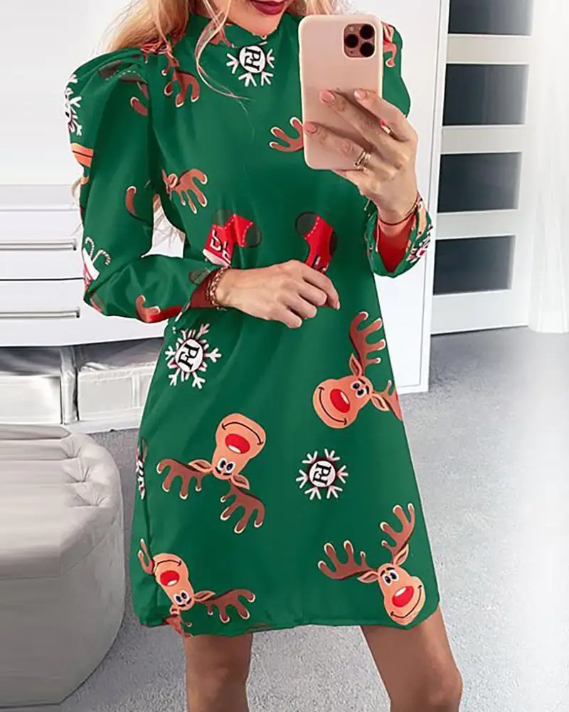 

2021 women's Christmas Mixed dress autumn fashion Print Puffed Sleeve casual mini Dress