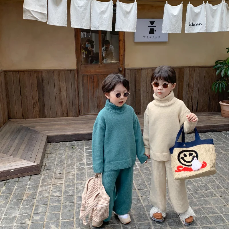 

MILANCEL Winter Kids Clothes Korean Girls Sets Solid Boy Sweater Suit Solid Turtleneck Sweater and Pants 2Pcs