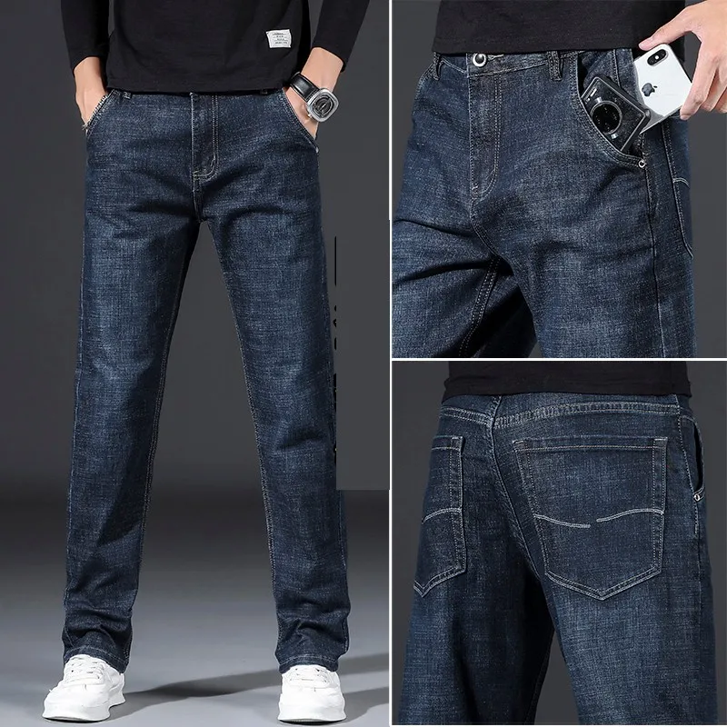 

2021 Brand Fitted Straight Stretch Jeans Classic Style Embroidered Young Men's Business Casual Denim Jeans