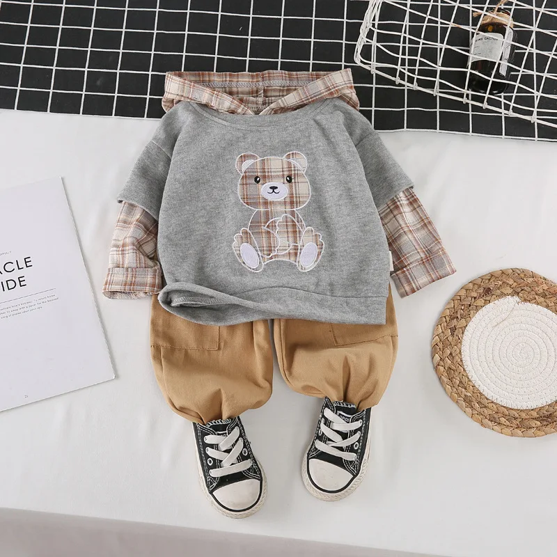 Su&eacute;ter de manga larga con capucha para ni&ntilde;os y ni&ntilde;as, traje de dos piezas de manga larga con capucha de oso para primavera-2