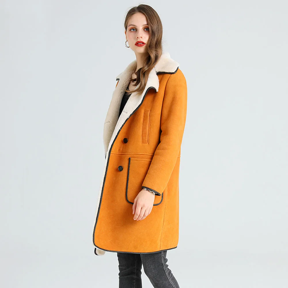 2020 New Unique Style Women Big Suit Collar Casual Formal Real Fur Coat Winter Warm Thicken Soft Yellow Natural Shearling Furs